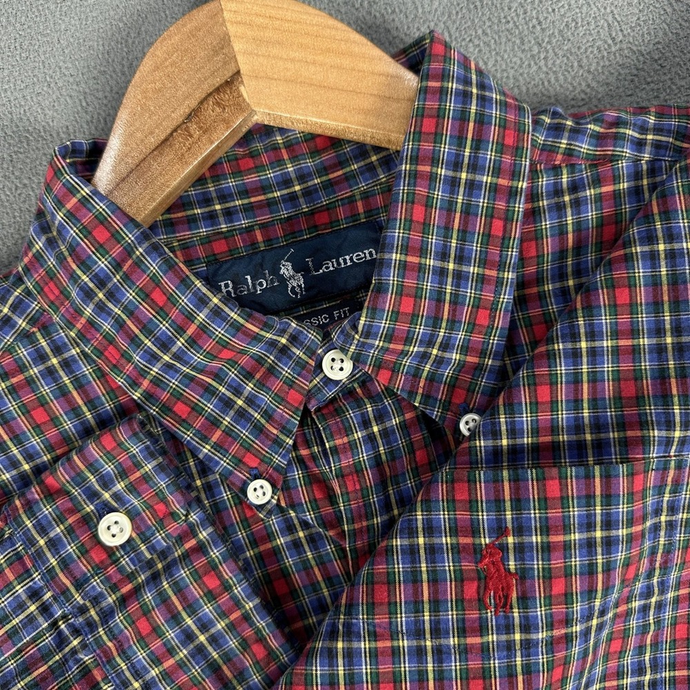 Ralph‎ Lauren Shirt Mens Large Red Green Blue Plaid Classic Fit Pony Logo Office